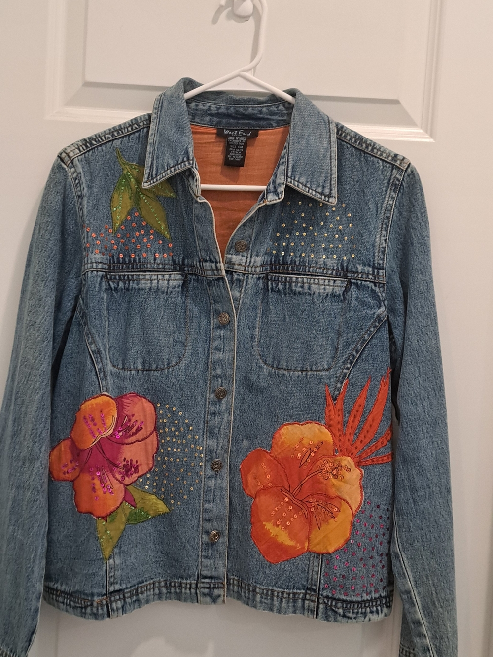 Women's Embroidered Floral Denim Jacket in Orange & Pink